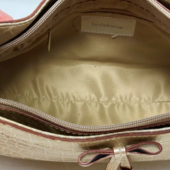 Liz Claiborne Y2K Metallic Gold Faux Croc Baguette Purse Bow Accent Single Strap - Picture 7 of 11
